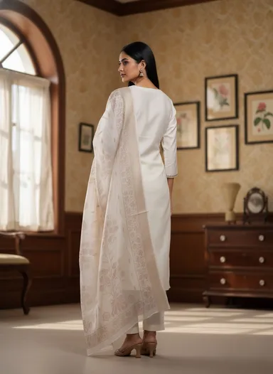 Elegant Cream Embroidered Cotton Kurta Set with Matching Dupatta for Women Traditional Ethnic Wear Festive Casual Daily Wear Indian Outfit Lightweight Comfortable Stylish kurti M thumbnail 1