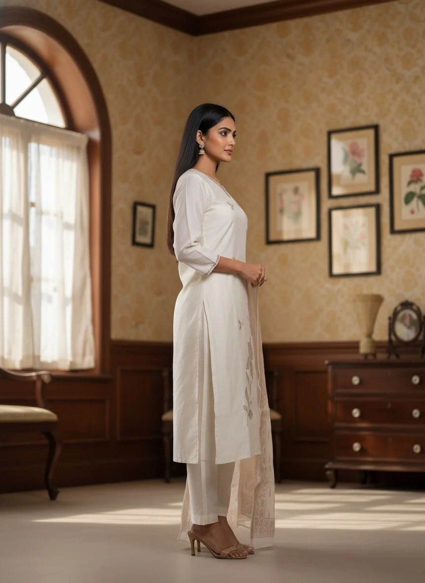 Elegant Cream Embroidered Cotton Kurta Set with Matching Dupatta for Women Traditional Ethnic Wear Festive Casual Daily Wear Indian Outfit Lightweight Comfortable Stylish kurti M image 3
