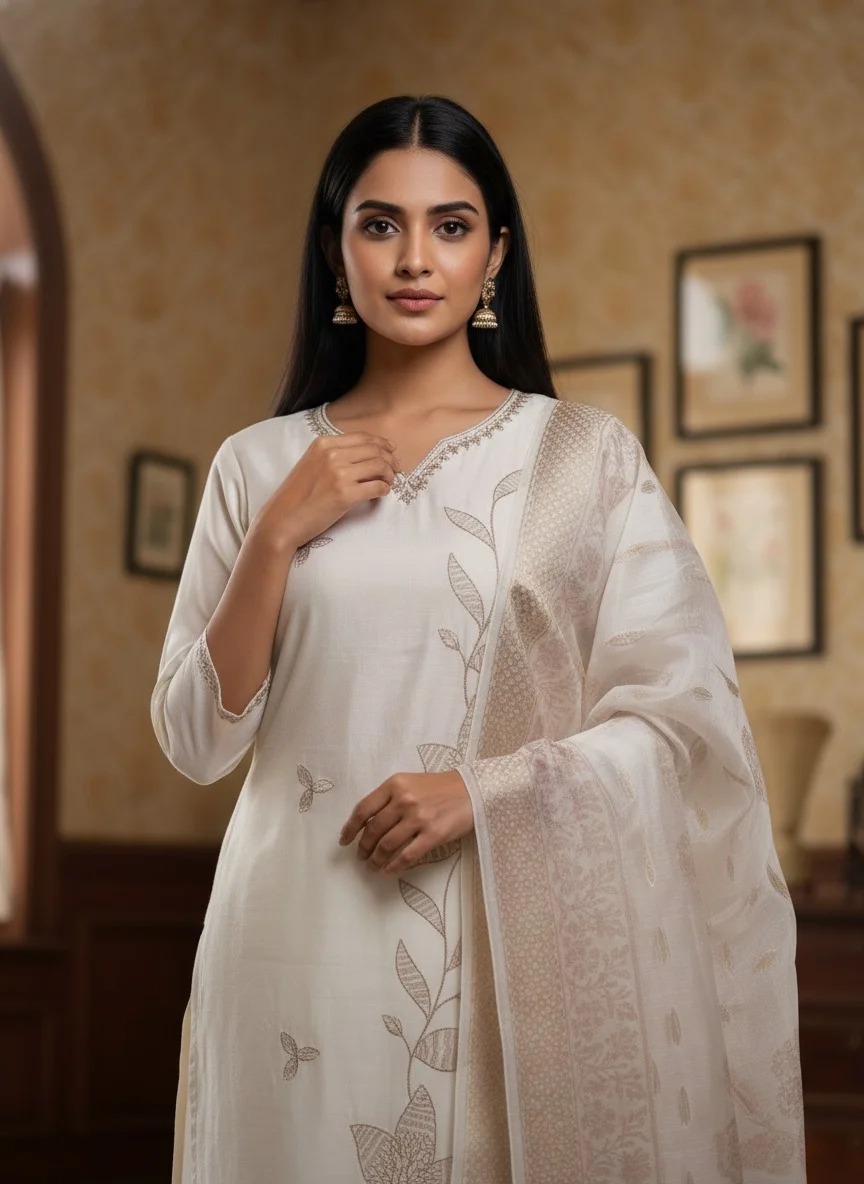 Elegant Cream Embroidered Cotton Kurta Set with Matching Dupatta for Women Traditional Ethnic Wear Festive Casual Daily Wear Indian Outfit Lightweight Comfortable Stylish kurti M image 4