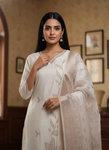 Elegant Cream Embroidered Cotton Kurta Set with Matching Dupatta for Women Traditional Ethnic Wear Festive Casual Daily Wear Indian Outfit Lightweight Comfortable Stylish kurti M thumbnail 3