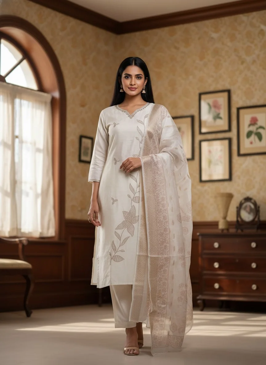Elegant Cream Embroidered Cotton Kurta Set with Matching Dupatta for Women Traditional Ethnic Wear Festive Casual Daily Wear Indian Outfit Lightweight Comfortable Stylish kurti M image 1