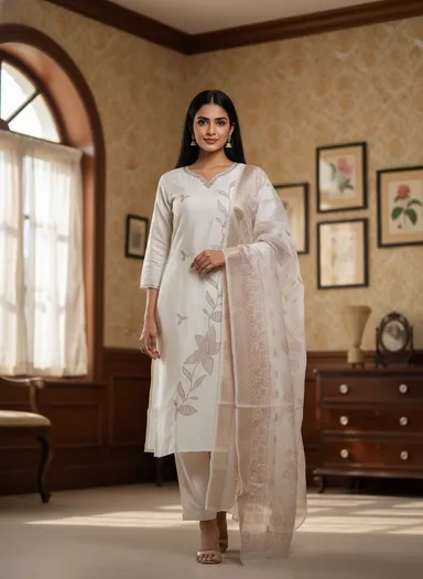 Elegant Cream Embroidered Cotton Kurta Set with Matching Dupatta for Women Traditional Ethnic Wear Festive Casual Daily Wear Indian Outfit Lightweight Comfortable Stylish kurti M thumbnail 0