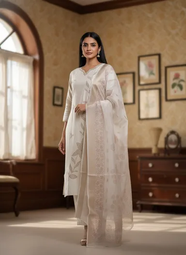 Elegant Cream Embroidered Cotton Kurta Set with Matching Dupatta for Women Traditional Ethnic Wear Festive Casual Daily Wear Indian Outfit Lightweight Comfortable Stylish kurti XL thumbnail 0