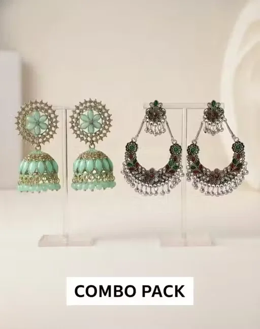 Traditional Oxidised Silver Jhumka Earrings Combo Pack of 2 with Mint Green Stone Work Ethnic Party Wear Jewellery for Women Girls Festive Wedding Boho Drop Earrings image 1