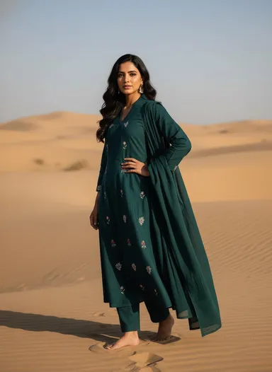 Emerald Green Embroidered Cotton Kurta Set with Matching Dupatta for Women Ethnic Wear Stylish Comfortable Daily Casual Festive Indian Outfit kurti  M thumbnail 3