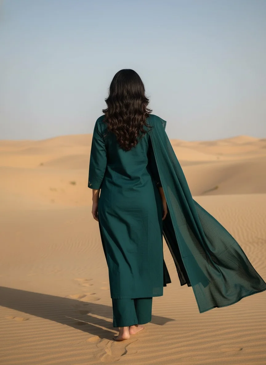Emerald Green Embroidered Cotton Kurta Set with Matching Dupatta for Women Ethnic Wear Stylish Comfortable Daily Casual Festive Indian Outfit kurti M image 6
