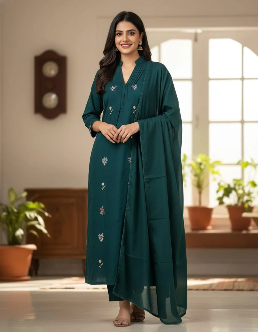 Emerald Green Embroidered Cotton Kurta Set with Matching Dupatta for Women Ethnic Wear Stylish Comfortable Daily Casual Festive Indian Outfit kurti M image 1
