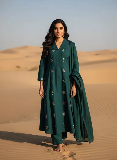 Emerald Green Embroidered Cotton Kurta Set with Matching Dupatta for Women Ethnic Wear Stylish Comfortable Daily Casual Festive Indian Outfit kurti  L thumbnail 1
