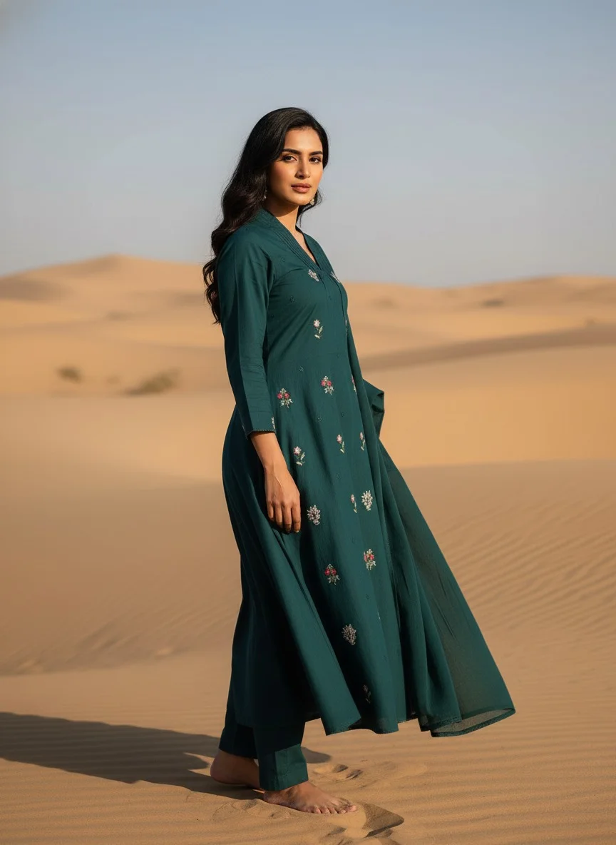 Emerald Green Embroidered Cotton Kurta Set with Matching Dupatta for Women Ethnic Wear Stylish Comfortable Daily Casual Festive Indian Outfit kurti  L image 5
