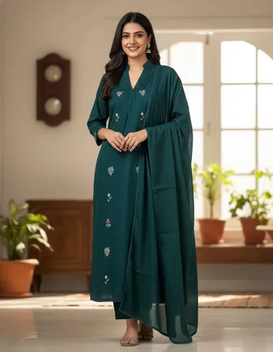 Emerald Green Embroidered Cotton Kurta Set with Matching Dupatta for Women Ethnic Wear Stylish Comfortable Daily Casual Festive Indian Outfit kurti  L thumbnail 0