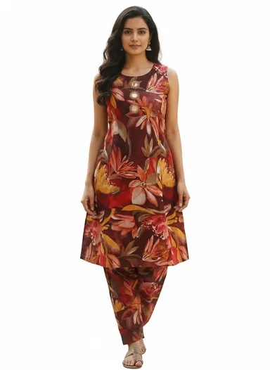Maroon Floral Printed Cotton A-Line Kurta Set with Mirror Work Detail for Women Ethnic Wear Comfortable Lightweight Daily Casual Festive Indian Outfit with Dupatta Style Elegance brown M thumbnail 1