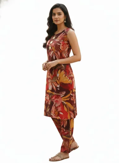 Maroon Floral Printed Cotton A-Line Kurta Set with Mirror Work Detail for Women Ethnic Wear Comfortable Lightweight Daily Casual Festive Indian Outfit with Dupatta Style Elegance brown M thumbnail 2