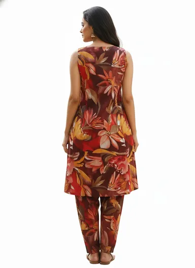 Maroon Floral Printed Cotton A-Line Kurta Set with Mirror Work Detail for Women Ethnic Wear Comfortable Lightweight Daily Casual Festive Indian Outfit with Dupatta Style Elegance brown M thumbnail 3