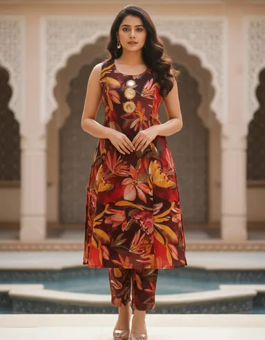 Maroon Floral Printed Cotton A-Line Kurta Set with Mirror Work Detail for Women Ethnic Wear Comfortable Lightweight Daily Casual Festive Indian Outfit with Dupatta Style Elegance brown M thumbnail 0