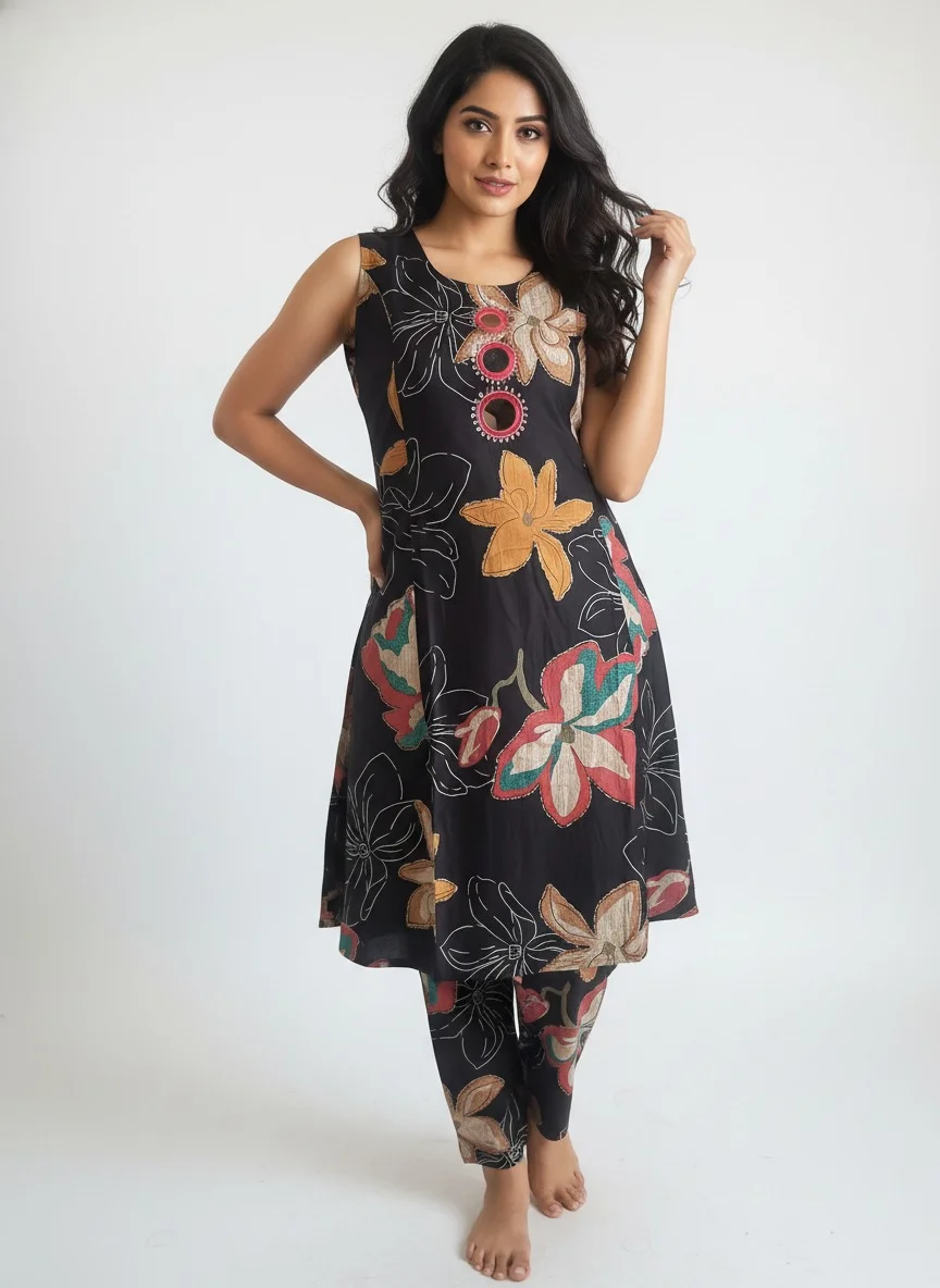 Maroon Floral Printed Cotton A-Line Kurta Set with Mirror Work Detail for Women Ethnic Wear Comfortable Lightweight Daily Casual Festive Indian Outfit with Dupatta Style Elegance Black M image 2