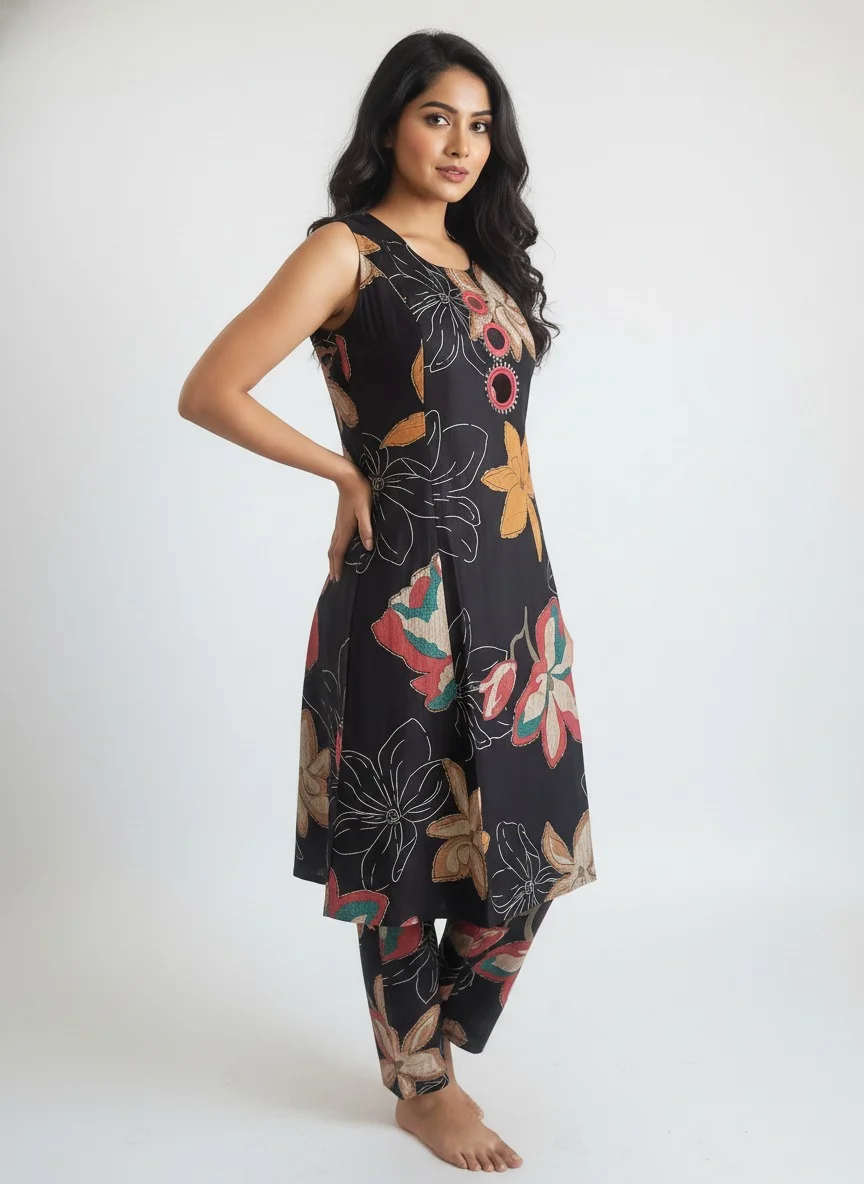 Maroon Floral Printed Cotton A-Line Kurta Set with Mirror Work Detail for Women Ethnic Wear Comfortable Lightweight Daily Casual Festive Indian Outfit with Dupatta Style Elegance Black M image 3
