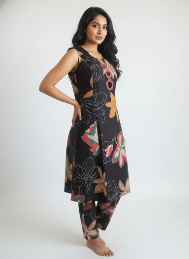 Maroon Floral Printed Cotton A-Line Kurta Set with Mirror Work Detail for Women Ethnic Wear Comfortable Lightweight Daily Casual Festive Indian Outfit with Dupatta Style Elegance Black M thumbnail 2