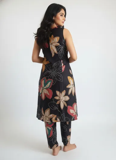 Maroon Floral Printed Cotton A-Line Kurta Set with Mirror Work Detail for Women Ethnic Wear Comfortable Lightweight Daily Casual Festive Indian Outfit with Dupatta Style Elegance Black M thumbnail 3