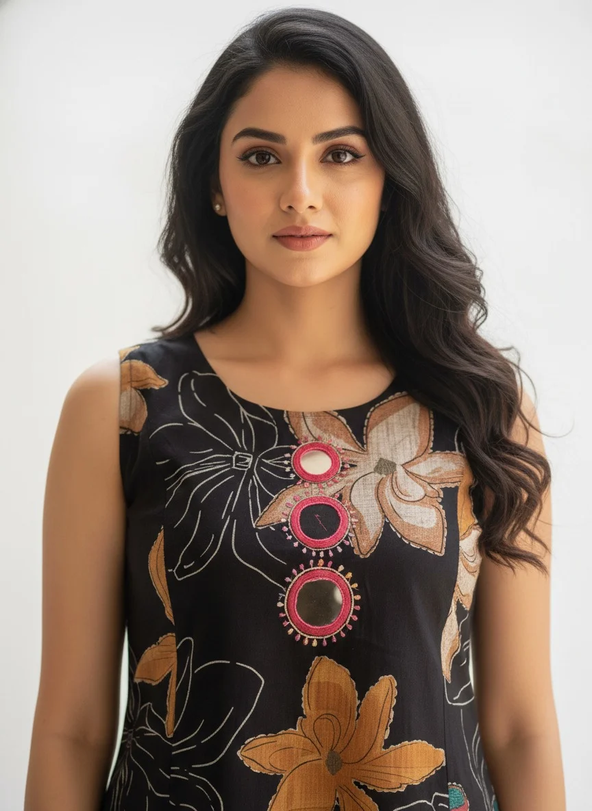 Maroon Floral Printed Cotton A-Line Kurta Set with Mirror Work Detail for Women Ethnic Wear Comfortable Lightweight Daily Casual Festive Indian Outfit with Dupatta Style Elegance Black M image 5