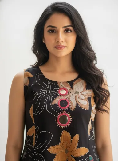 Maroon Floral Printed Cotton A-Line Kurta Set with Mirror Work Detail for Women Ethnic Wear Comfortable Lightweight Daily Casual Festive Indian Outfit with Dupatta Style Elegance Black M thumbnail 4