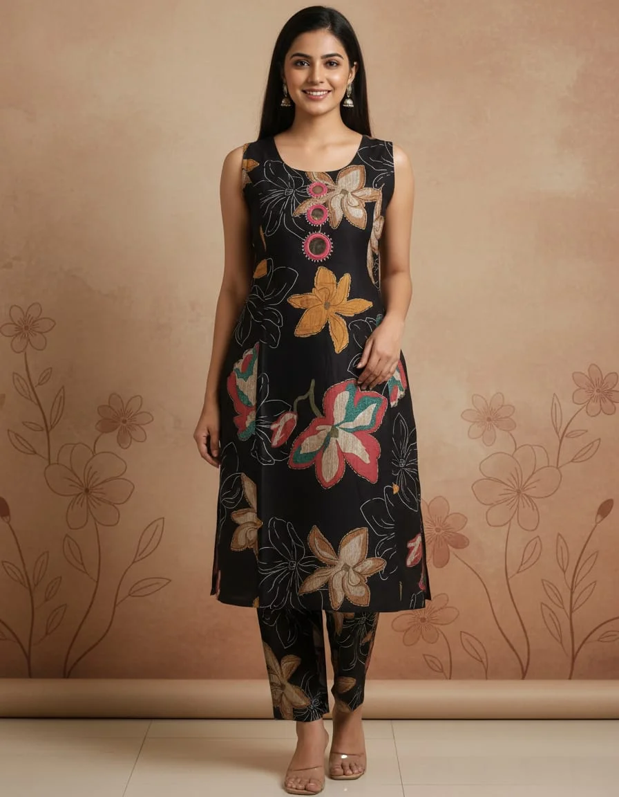 Maroon Floral Printed Cotton A-Line Kurta Set with Mirror Work Detail for Women Ethnic Wear Comfortable Lightweight Daily Casual Festive Indian Outfit with Dupatta Style Elegance Black M image 1