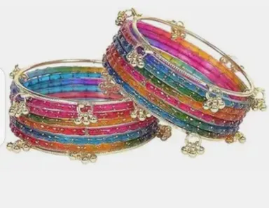 Multicolor Indian Glass Bangle Set with Gold Tone Ghungroo Charms Traditional Bridal Chura Set for Women Wedding Festival Ethnic Jewellery Bridal Bangles Combo Multicolor 2.4 thumbnail 1
