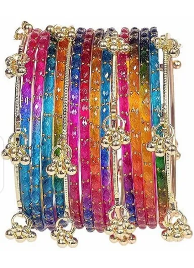 Multicolor Indian Glass Bangle Set with Gold Tone Ghungroo Charms Traditional Bridal Chura Set for Women Wedding Festival Ethnic Jewellery Bridal Bangles Combo Multicolor 2.4 thumbnail 0