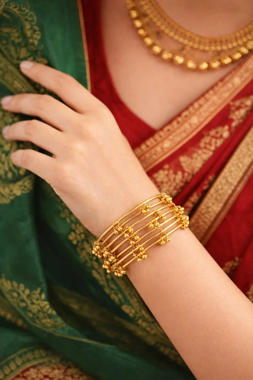 Traditional Gold-Plated Bangle Set with Tiny Ghungroo Charms for Women, Multi-Layered Stackable Ethnic Bracelets, Bridal Chura Style Kada, Lightweight Festive Jewellery for Wedding Party Wear Gold 2.6 image 3