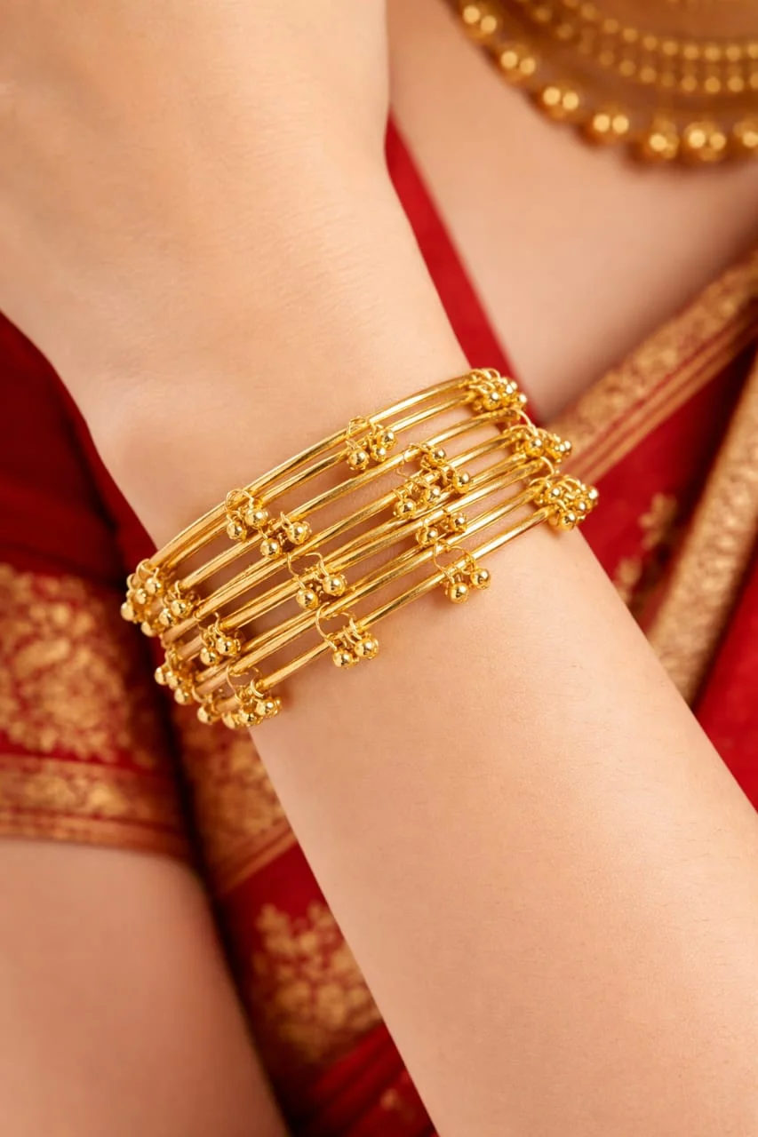 Traditional Gold-Plated Bangle Set with Tiny Ghungroo Charms for Women, Multi-Layered Stackable Ethnic Bracelets, Bridal Chura Style Kada, Lightweight Festive Jewellery for Wedding Party Wear Gold 2.8 image 2