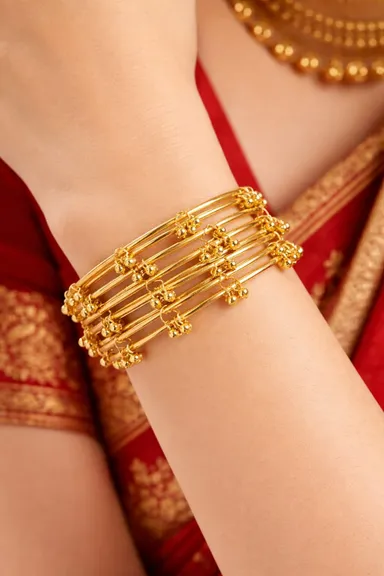 Traditional Gold-Plated Bangle Set with Tiny Ghungroo Charms for Women, Multi-Layered Stackable Ethnic Bracelets, Bridal Chura Style Kada, Lightweight Festive Jewellery for Wedding Party Wear Gold 2.8 thumbnail 1