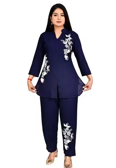 Women Co-Ord Set Stylish Two Piece Outfit Top And Pant Set Summer Casual Cotton Blend Lounge Wear Matching Set Party Wear Co Ord Set For Women India Trendy Ladies Coord Set Blue S thumbnail 2