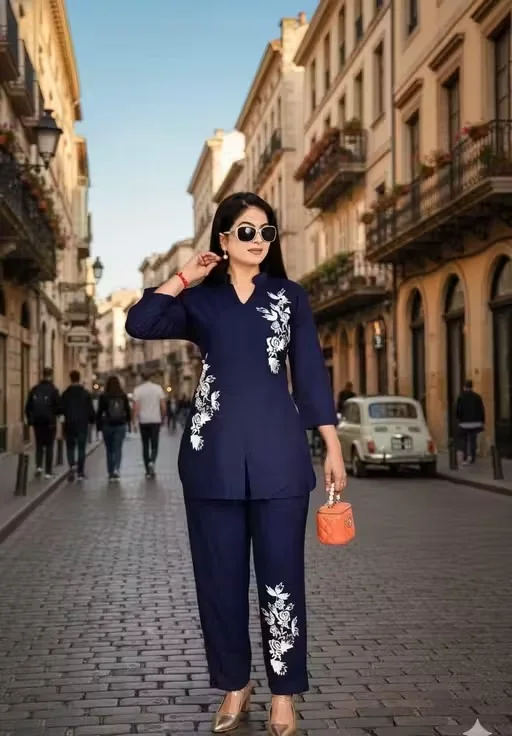 Women Co-Ord Set Stylish Two Piece Outfit Top And Pant Set Summer Casual Cotton Blend Lounge Wear Matching Set Party Wear Co Ord Set For Women India Trendy Ladies Coord Set Blue S image 1