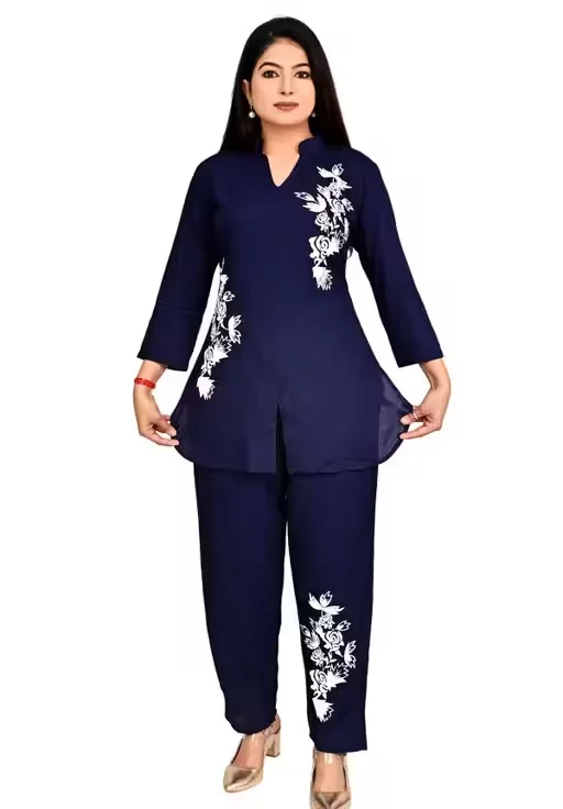Women Co-Ord Set Stylish Two Piece Outfit Top And Pant Set Summer Casual Cotton Blend Lounge Wear Matching Set Party Wear Co Ord Set For Women India Trendy Ladies Coord Set Blue L image 3