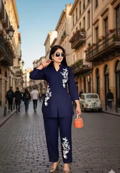 Women Co-Ord Set Stylish Two Piece Outfit Top And Pant Set Summer Casual Cotton Blend Lounge Wear Matching Set Party Wear Co Ord Set For Women India Trendy Ladies Coord Set Blue L thumbnail 0
