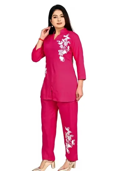 Women Co-Ord Set Stylish Two Piece Outfit Top And Pant Set Summer Casual Cotton Blend Lounge Wear Matching Set Party Wear Co Ord Set For Women India Trendy Ladies Coord Set Pink  L thumbnail 2