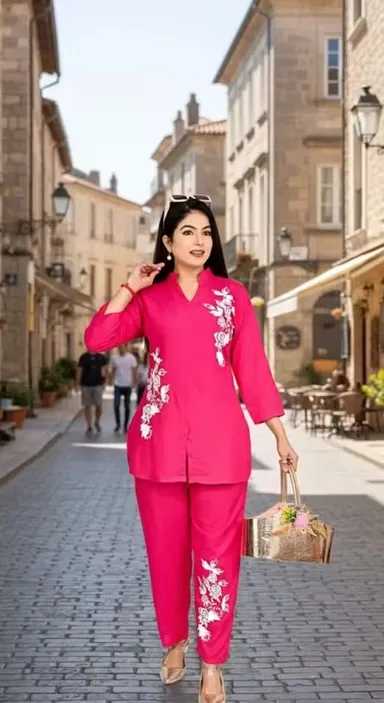 Women Co-Ord Set Stylish Two Piece Outfit Top And Pant Set Summer Casual Cotton Blend Lounge Wear Matching Set Party Wear Co Ord Set For Women India Trendy Ladies Coord Set Pink  L thumbnail 0