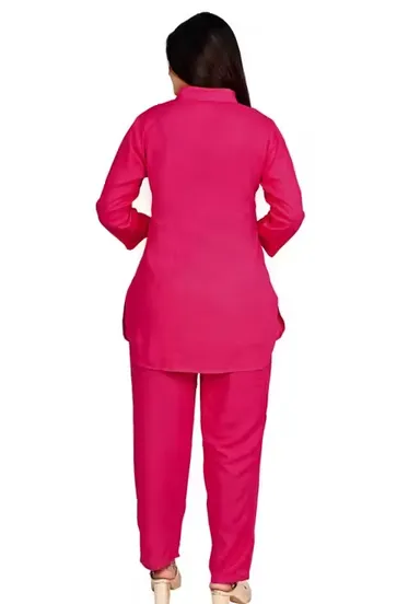 Women Co-Ord Set Stylish Two Piece Outfit Top And Pant Set Summer Casual Cotton Blend Lounge Wear Matching Set Party Wear Co Ord Set For Women India Trendy Ladies Coord Set Pink  XL thumbnail 1