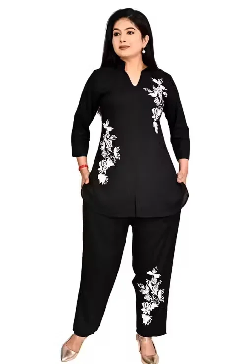 Women Co-Ord Set Stylish Two Piece Outfit Top And Pant Set Summer Casual Cotton Blend Lounge Wear Matching Set Party Wear Co Ord Set For Women India Trendy Ladies Coord Set Black L image 2