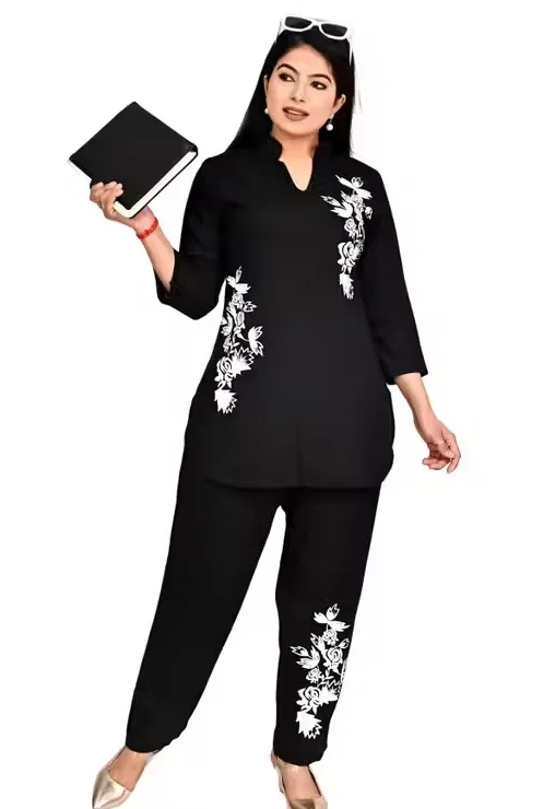 Women Co-Ord Set Stylish Two Piece Outfit Top And Pant Set Summer Casual Cotton Blend Lounge Wear Matching Set Party Wear Co Ord Set For Women India Trendy Ladies Coord Set Black L image 3