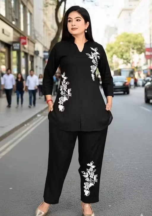 Women Co-Ord Set Stylish Two Piece Outfit Top And Pant Set Summer Casual Cotton Blend Lounge Wear Matching Set Party Wear Co Ord Set For Women India Trendy Ladies Coord Set Black L image 1