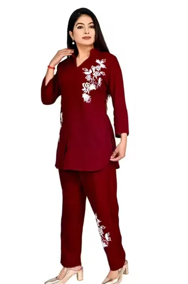 Women Co-Ord Set Stylish Two Piece Outfit Top And Pant Set Summer Casual Cotton Blend Lounge Wear Matching Set Party Wear Co Ord Set For Women India Trendy Ladies Coord Set Red S thumbnail 2