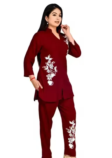 Women Co-Ord Set Stylish Two Piece Outfit Top And Pant Set Summer Casual Cotton Blend Lounge Wear Matching Set Party Wear Co Ord Set For Women India Trendy Ladies Coord Set Red L thumbnail 3