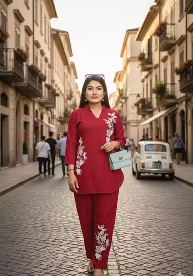 Women Co-Ord Set Stylish Two Piece Outfit Top And Pant Set Summer Casual Cotton Blend Lounge Wear Matching Set Party Wear Co Ord Set For Women India Trendy Ladies Coord Set Red L thumbnail 0
