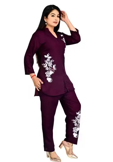 Women Co-Ord Set Stylish Two Piece Outfit Top And Pant Set Summer Casual Cotton Blend Lounge Wear Matching Set Party Wear Co Ord Set For Women India Trendy Ladies Coord Set Maroon M thumbnail 1