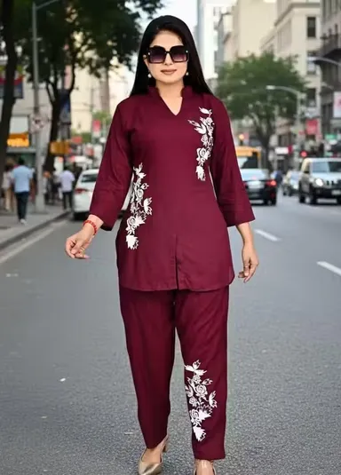 Women Co-Ord Set Stylish Two Piece Outfit Top And Pant Set Summer Casual Cotton Blend Lounge Wear Matching Set Party Wear Co Ord Set For Women India Trendy Ladies Coord Set Maroon L thumbnail 0