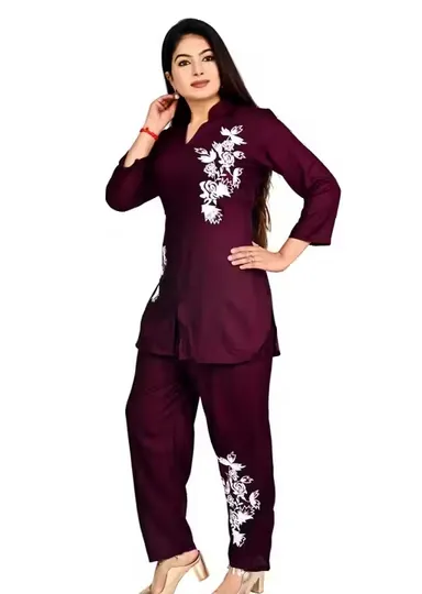 Women Co-Ord Set Stylish Two Piece Outfit Top And Pant Set Summer Casual Cotton Blend Lounge Wear Matching Set Party Wear Co Ord Set For Women India Trendy Ladies Coord Set Maroon XL thumbnail 2