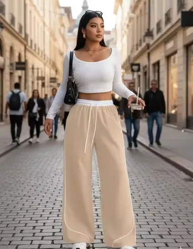 Women Solid Jogger Pants Non Stretch Cotton Blend Track Pants Elastic Waist Casual Lounge Wear Tapered Fit Ankle Length Piping Detail Joggers for Women India Daily Wear Jogger 3XL thumbnail 0