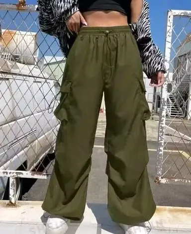 Women Solid Cargo Trouser Pants Non Stretch Cotton Blend High Waist Relaxed Fit Multi Pocket Utility Pants Stylish Casual Cargo Pants for Women India Daily Wear Travel Streetwear Fashion Track Pant L thumbnail 2