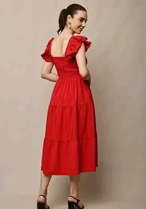Women Solid Casual Sleeveless Fit and Flare Dress Cotton Blend A-Line Midi Dress Elegant Flowy Summer Western Wear Party Casual Dress for Women India Stylish Comfortable Daily Wear Outfit Red L image 2