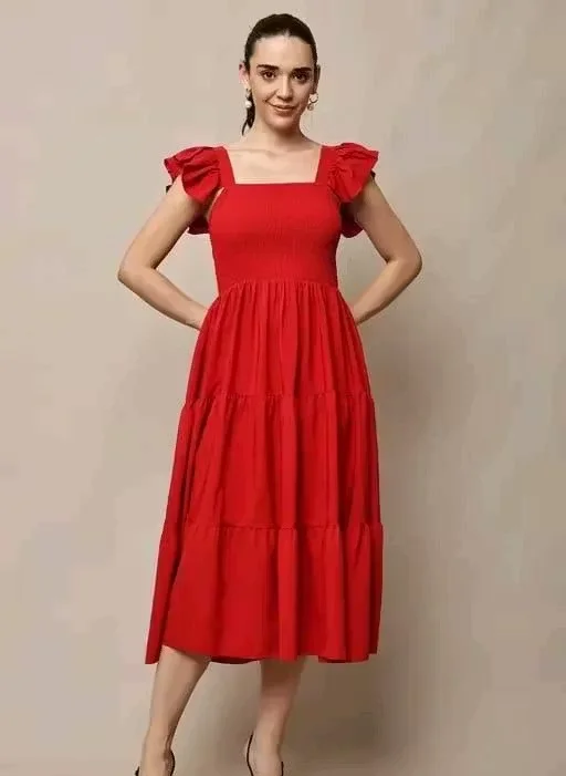 Women Solid Casual Sleeveless Fit and Flare Dress Cotton Blend A-Line Midi Dress Elegant Flowy Summer Western Wear Party Casual Dress for Women India Stylish Comfortable Daily Wear Outfit Red XL image 4